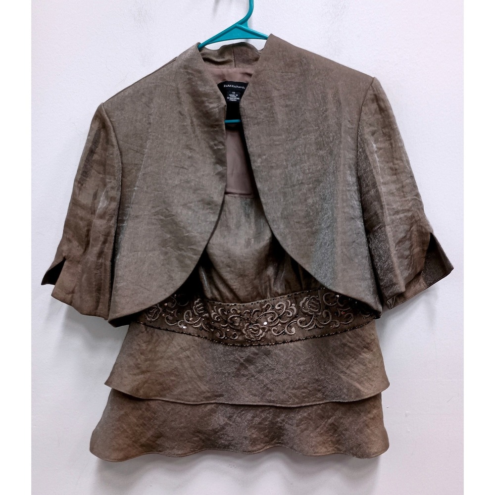 R&M Richards 2 Pc Jacket Set Womens 12 Taupe Y2K Beaded Tiered Formal